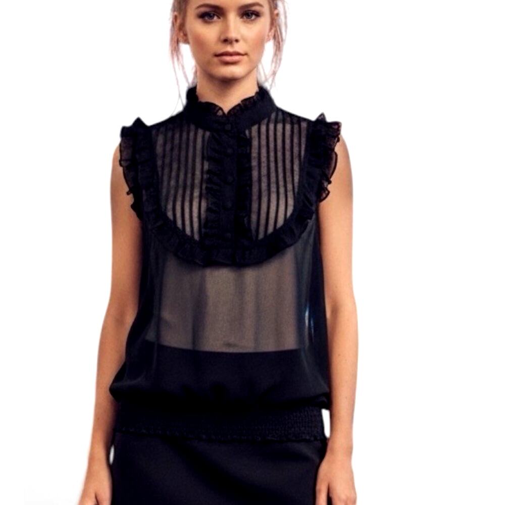 Victorian Black Sheer Ruffle Blouse Bib Tuxedo Mock Neck Pleated Gothic Vamp M